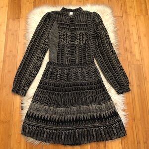 Made in Korea Pleated Geometric Chiffon Long Sleeves Black White Dress size S